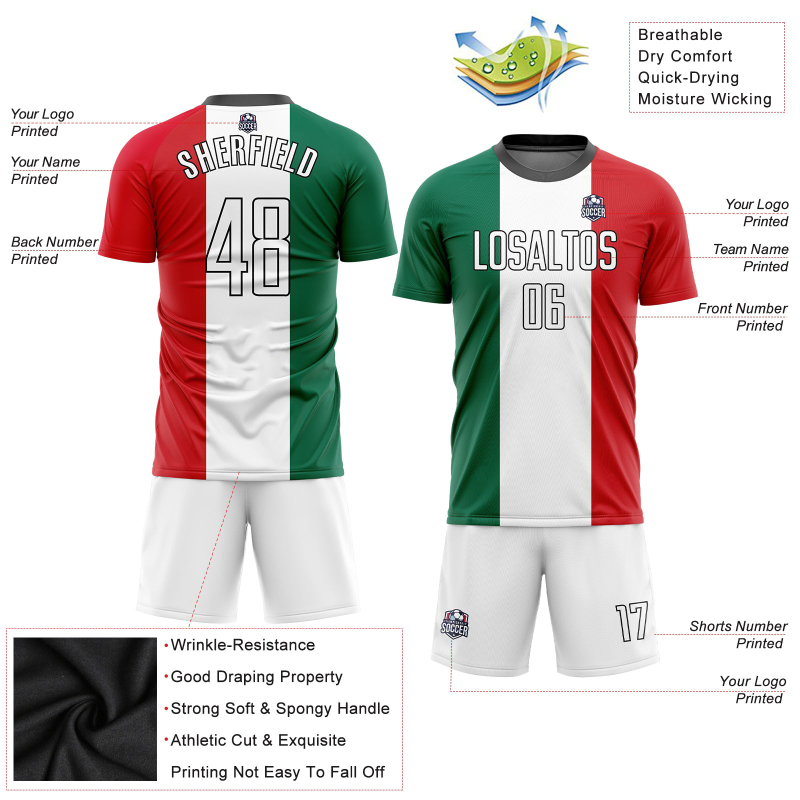 Custom Kelly American football jersey set Green White Red-Black Sublimation Mexican Flag Soccer Uniform football jersey