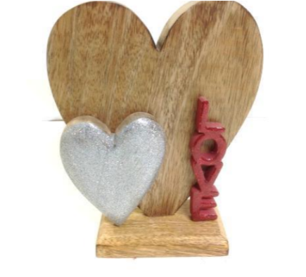 WOODEN HEART WITH HEART & LOVE GLITTER ENAMEL VALENTINE TABLE DECOR for Home Office Shelf Desk Bed Room Decorative Sculpture