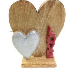 WOODEN HEART WITH HEART & LOVE GLITTER ENAMEL VALENTINE TABLE DECOR for Home Office Shelf Desk Bed Room Decorative Sculpture