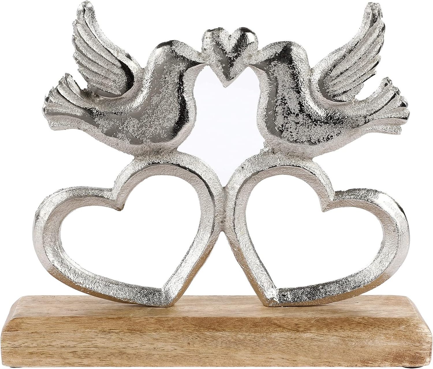 Primum Quality Stylish Hearts with Pair of Birds Aluminum Mango Wooden Base Sculpture for Table Top Living Room Bed Room Item