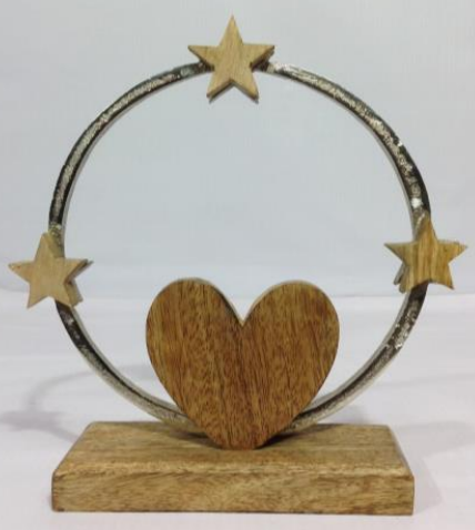 METAL RING WITH WOODEN HEART & STARS VALENTINE Gift Sculpture for Table Top Home Office Shelf Desk Bed Room Decorative Sculpture