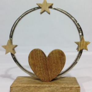 METAL RING WITH WOODEN HEART & STARS VALENTINE Gift Sculpture for Table Top Home Office Shelf Desk Bed Room Decorative Sculpture