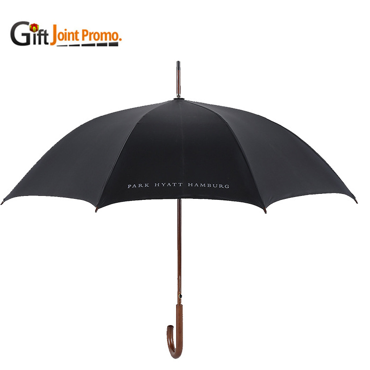 Promotional Printing Logo Auto Open Umbrella Wooden J handle Umbrella Straight Umbrella