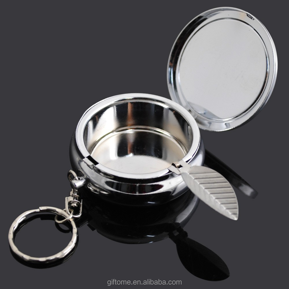 metal portable stainless steel pocket ashtray in chrome finished with key chain