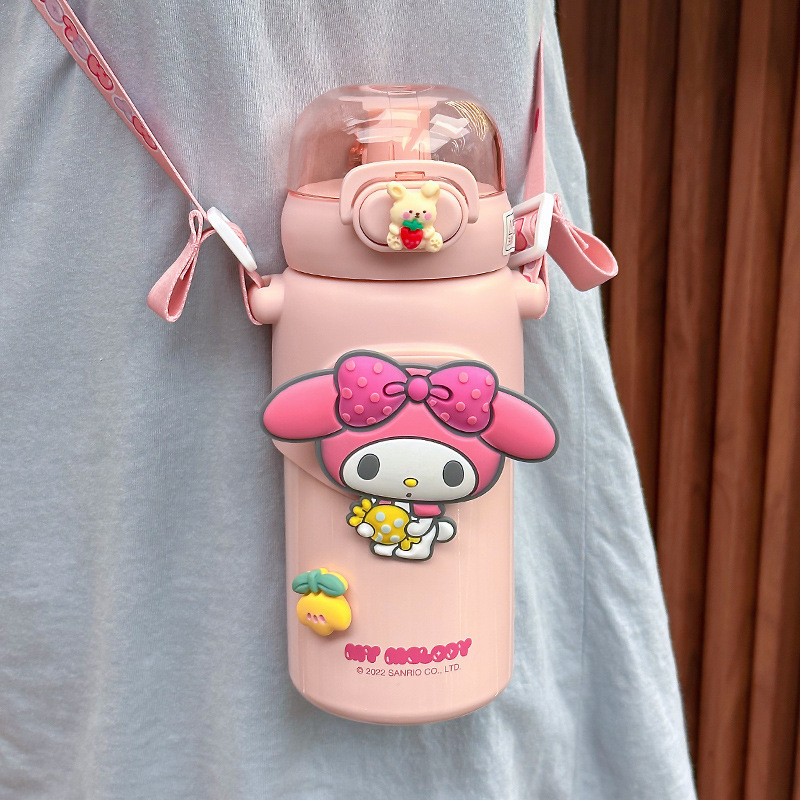 460Ml Sanrioed Anime Kuromi Melody Cinnamoroll Thermos Mug Cartoon Kawaii Sports Bottle Coffee Cup Kids Water