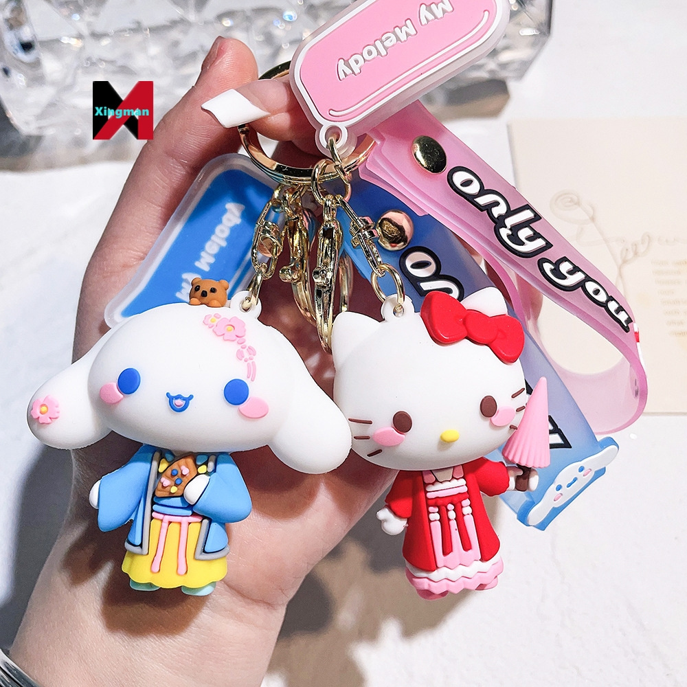 Cute PVC Keychain 3D Kuromi Melody Sanrio Keychain Kawaii Cartoon Big Eared Dog Cinnamoroll Penguin Women Bag Pendant Key Chain