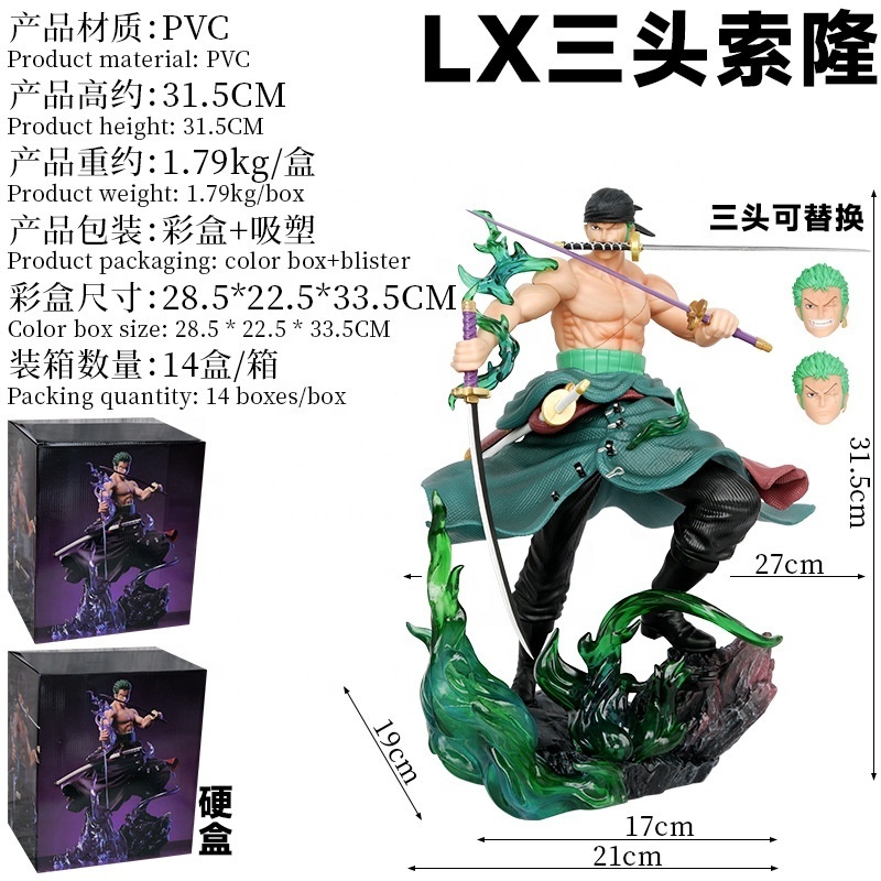 Figuras de Wholesale Japan ONE Anime Piece GK Resin Figure Roronoa Zoro Samurai Sword 3 Heads Replaceable PVC Action Figure