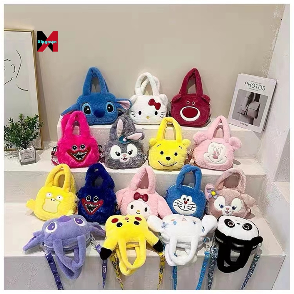 Factory Wholesale Cartoon Soft Adjustable My Melody Kuromi Stitch Kitty pikachued Plush Backpack Handbag Sanrio bag For Girl