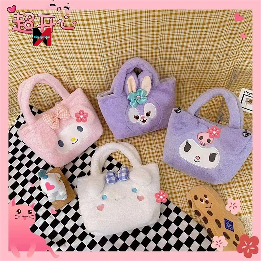 Factory Wholesale Cartoon Soft Adjustable My Melody Kuromi Stitch Kitty pikachued Plush Backpack Handbag Sanrio bag For Girl