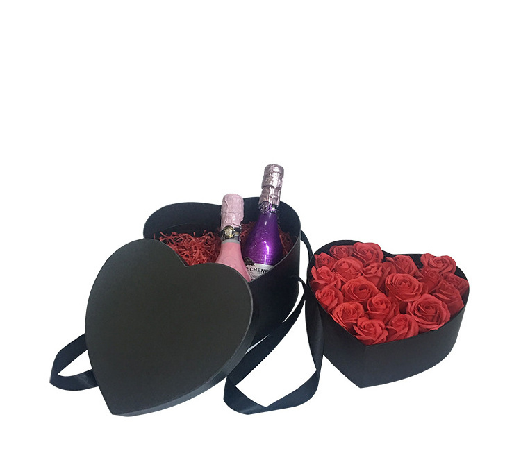 Double layer luxury flower heart shape box with ribbon handle