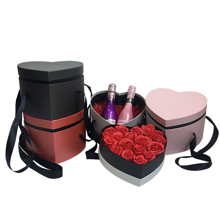 Double layer luxury flower heart shape box with ribbon handle