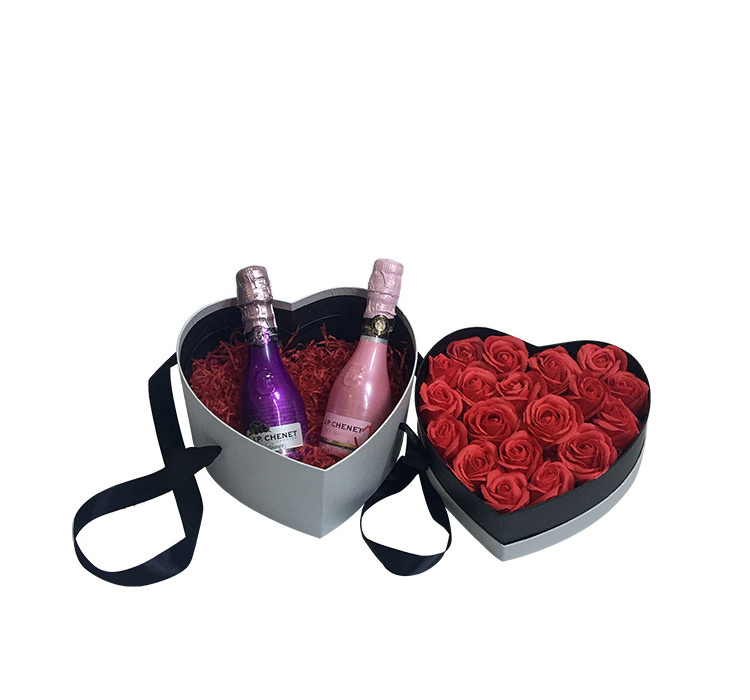 Double layer luxury flower heart shape box with ribbon handle