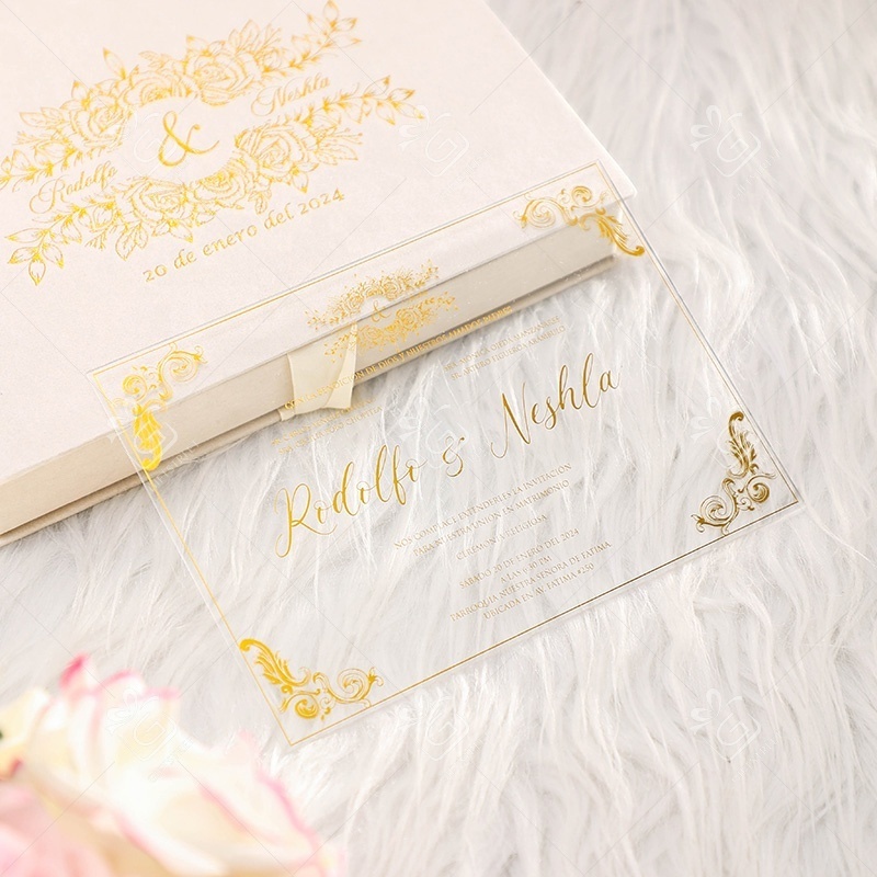 Custom Design Beige Velvet Box Wedding Acrylic Invitation Gold Foiling Luxury Happy Event Invitation Cards