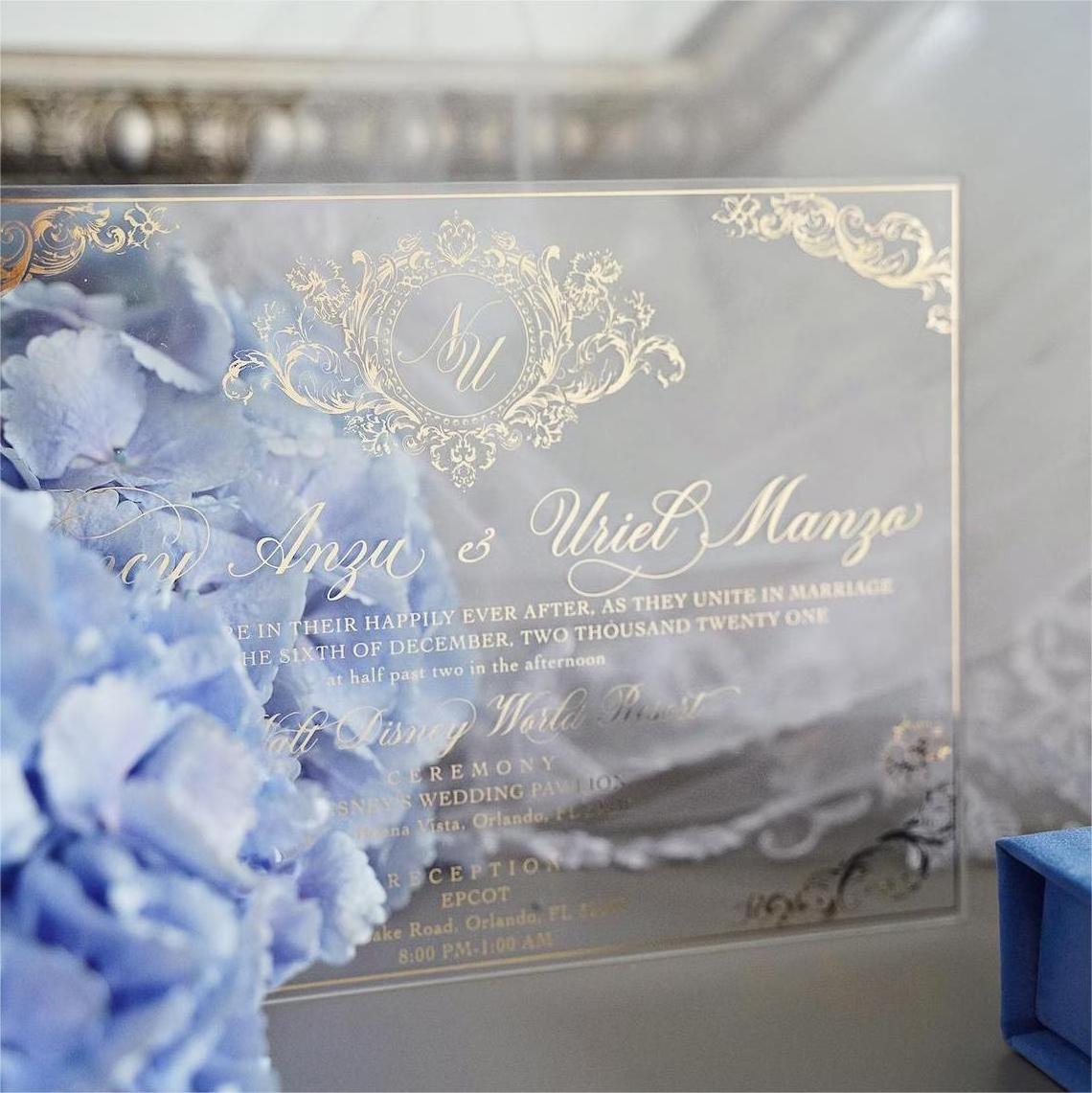 Creative Hydrangea Blue Velvet Box Wedding Invitation Card With Custom Acrylic Wedding Invitations Box