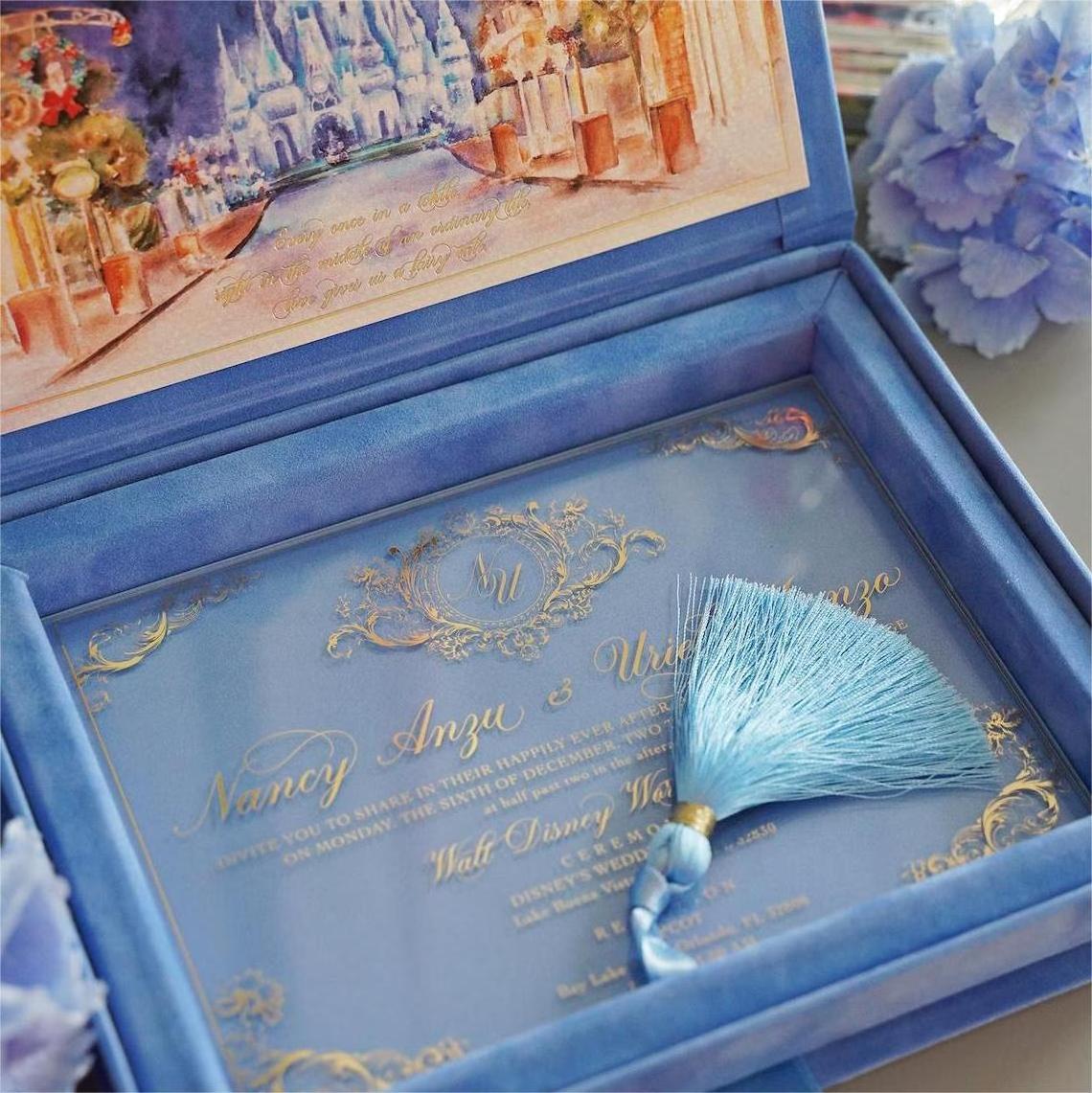 Creative Hydrangea Blue Velvet Box Wedding Invitation Card With Custom Acrylic Wedding Invitations Box