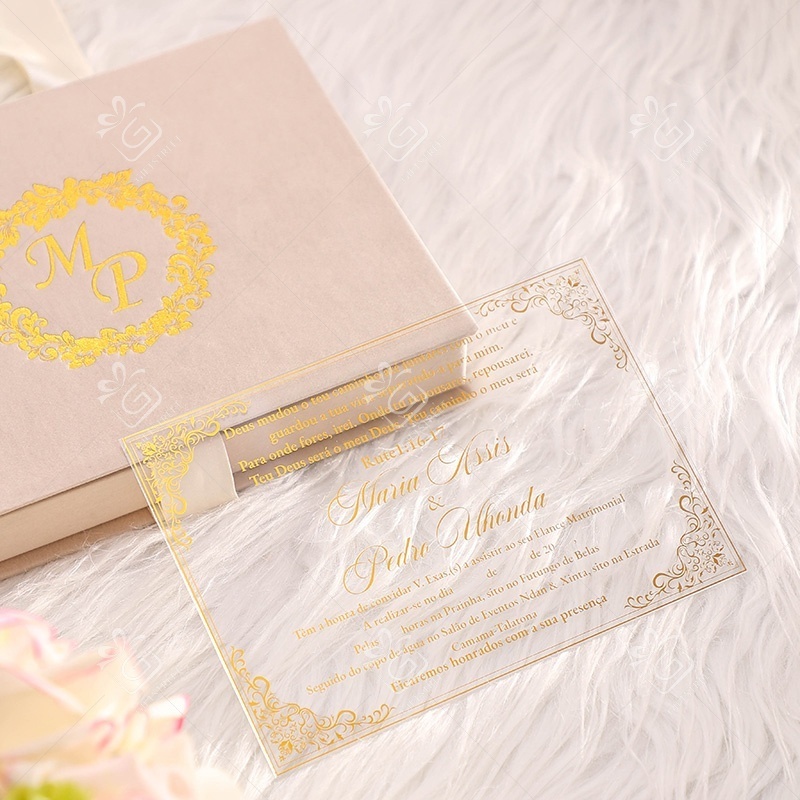 Custom Design Beige Velvet Box Wedding Acrylic Invitation Gold Foiling Luxury Happy Event Invitation Cards