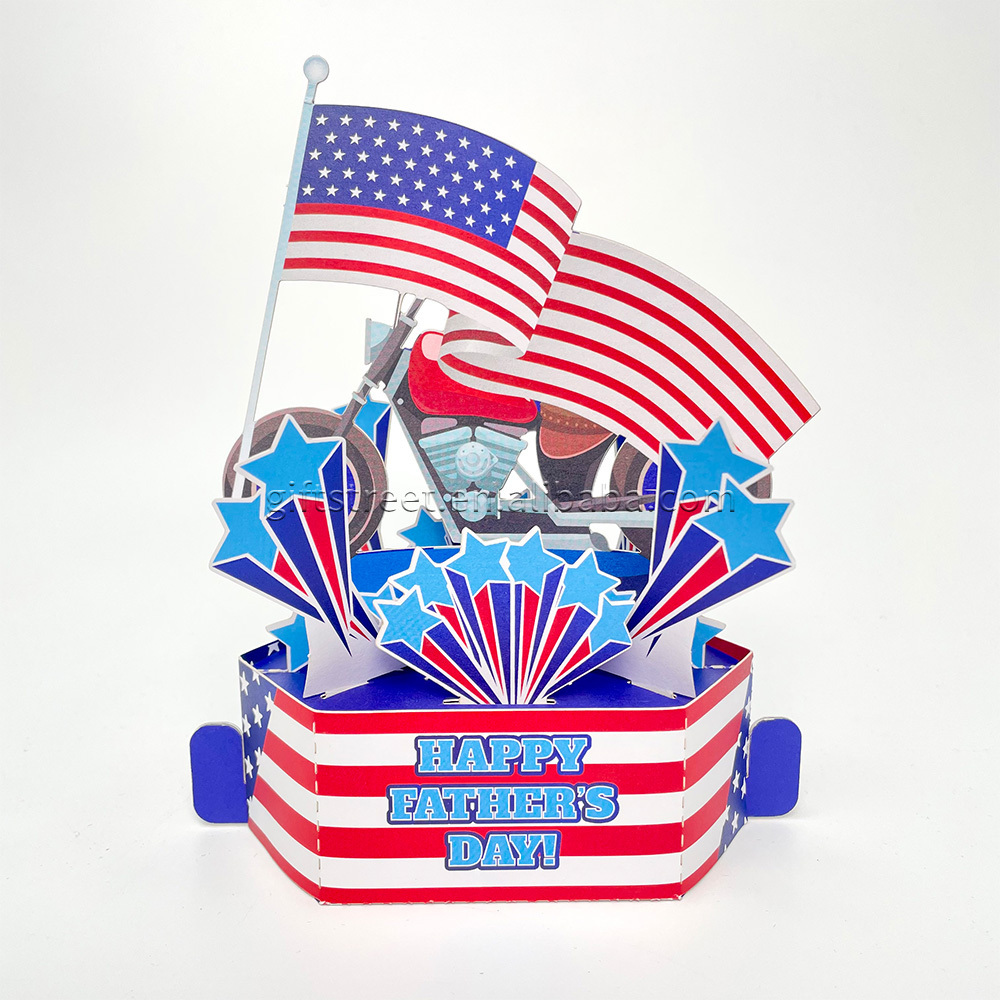 Best Selling Father'S Day 3D Card Motorcycle For Men Riding Cool Dad American Flag Stars Firework  Pop Up Card