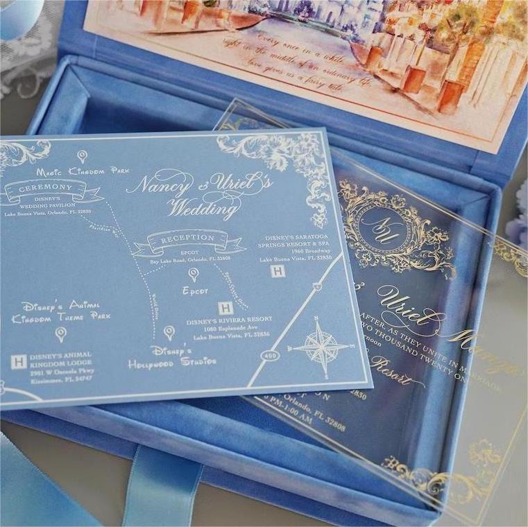 Creative Hydrangea Blue Velvet Box Wedding Invitation Card With Custom Acrylic Wedding Invitations Box