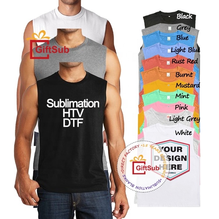 Summer Sleeveless Muscle Shirts Sublimation Plain 100% Polyester Gym Running Singlets Men's Muscle Tank Tops for HTV DTF Print