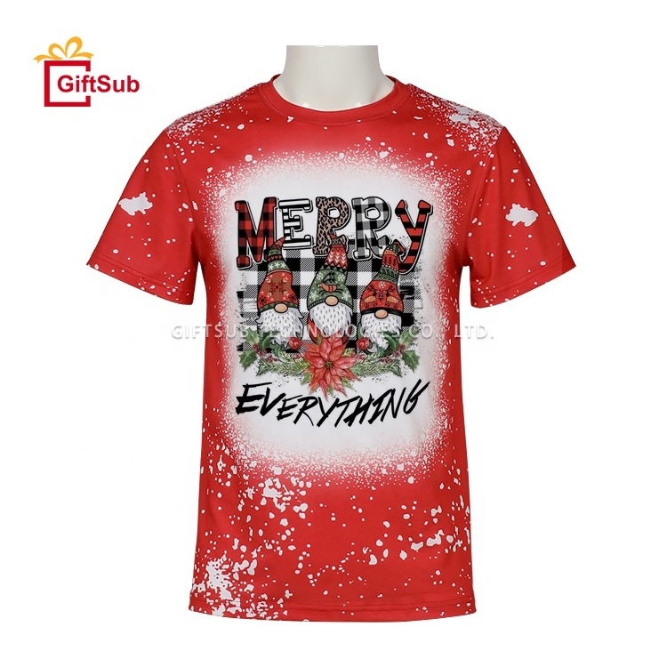 2022 New Christmas Custom Faux Bleached Tee Shirts 95% Polyester 5% Spandex Sublimation Blank Bleach Tie Dye Printed T Shirts