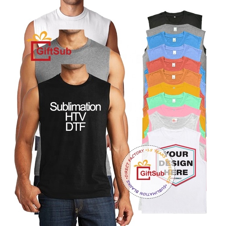 Summer Sleeveless Muscle Shirts Sublimation Plain 100% Polyester Gym Running Singlets Men's Muscle Tank Tops for HTV DTF Print