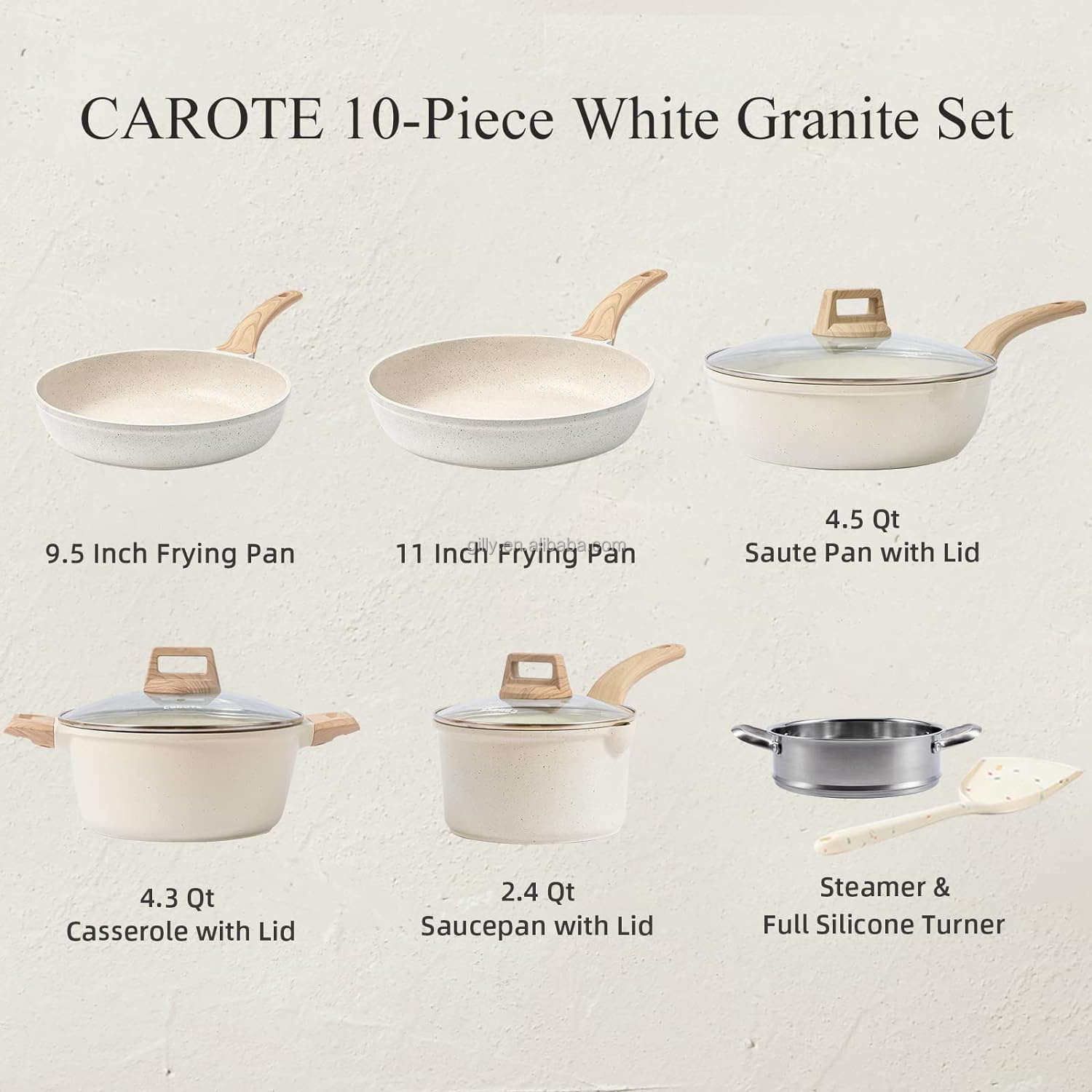 White Granite Induction Kitchen Cookware Set 10-Piece Non-Stick Cooking Collection Includes Frying Pans Saucepans