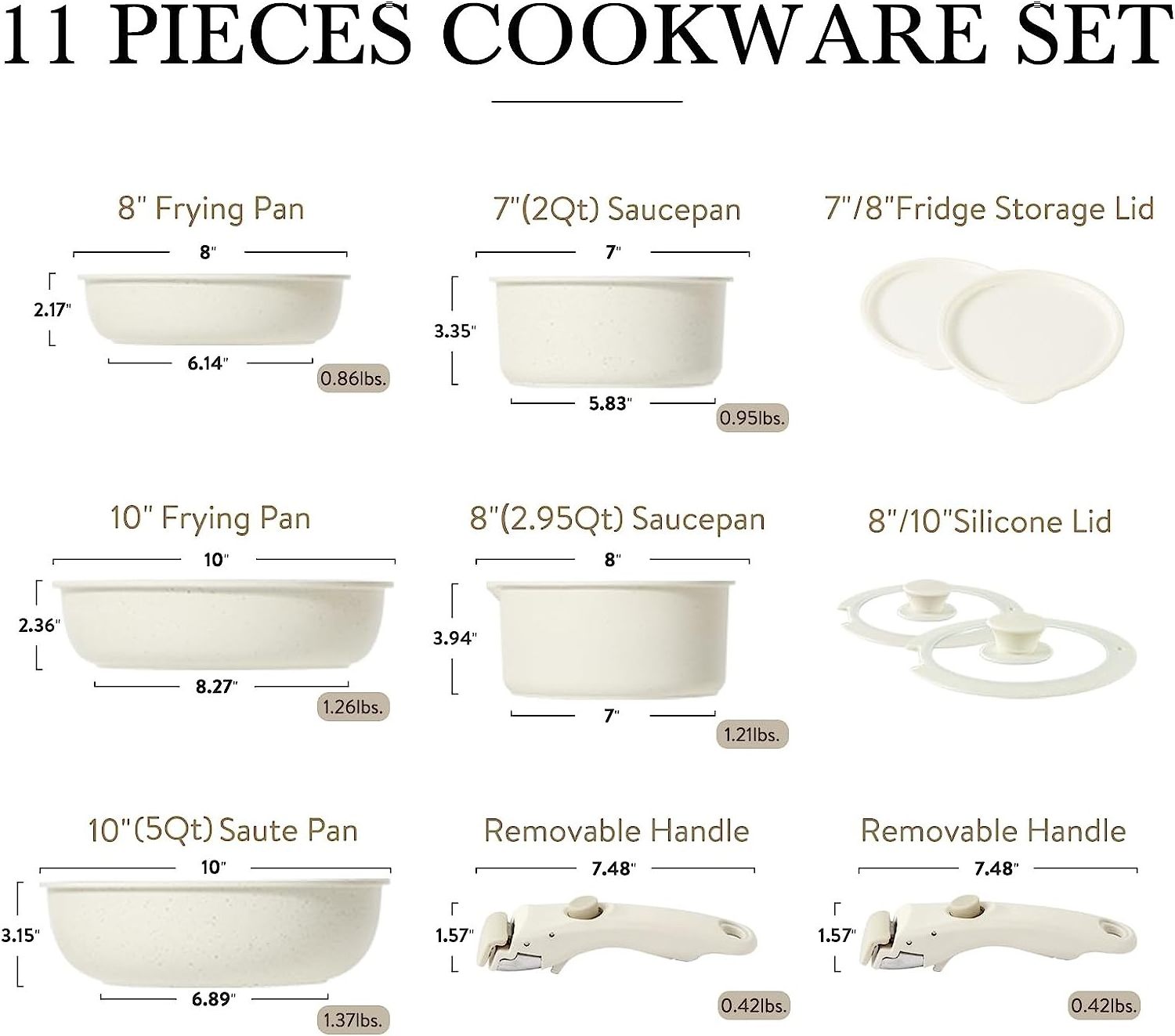 High Quality 11 pcs Kitchen Cooking Detachable Non-stick Pot And Pan Cookware Sets with Removable Handle