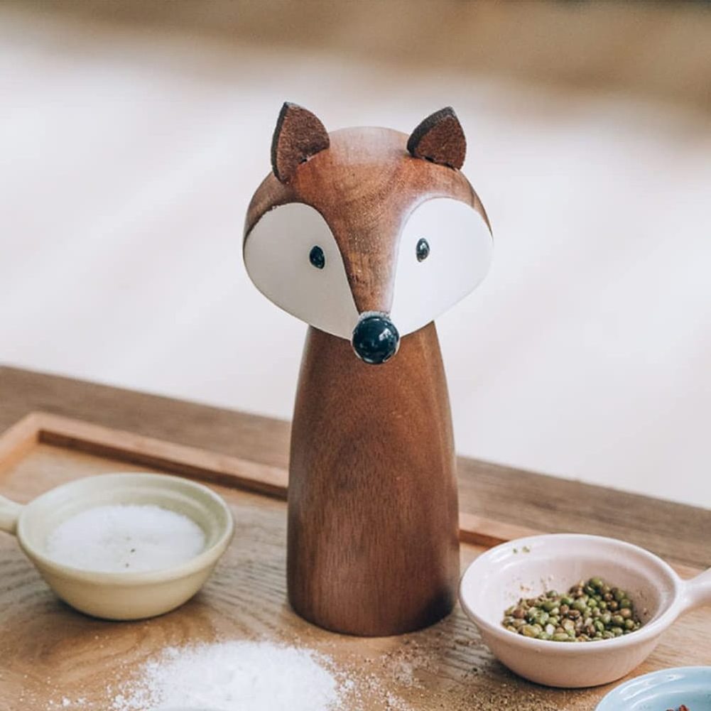 Cute Fox Salt and Pepper Grinder Acacia Wooden Pepper Mill with Adjustable Ceramic Coarseness Manual Salt and Spice Mills