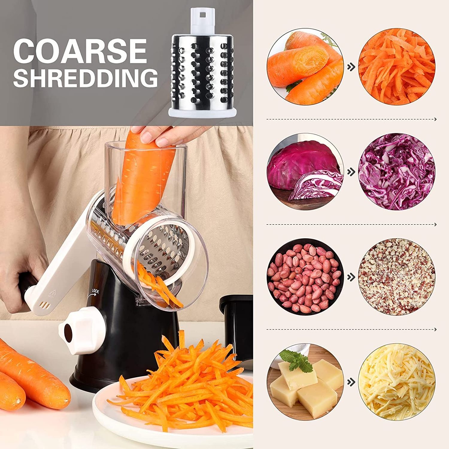 High Quality Rotary Cheese Grater with 3 Replaceable Drum Blades Kitchen Manual cheese Shredder with Handle Vegetable Slicer