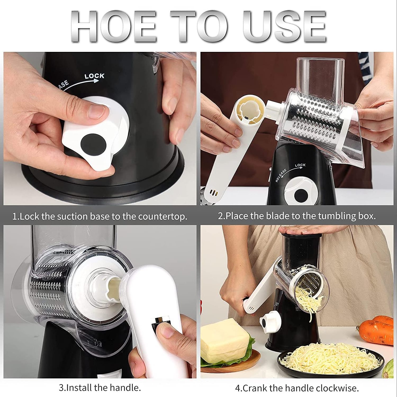 High Quality Rotary Cheese Grater with 3 Replaceable Drum Blades Kitchen Manual cheese Shredder with Handle Vegetable Slicer