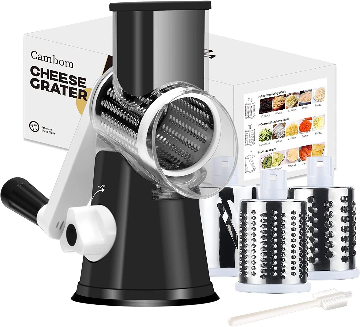 High Quality Rotary Cheese Grater with 3 Replaceable Drum Blades Kitchen Manual cheese Shredder with Handle Vegetable Slicer