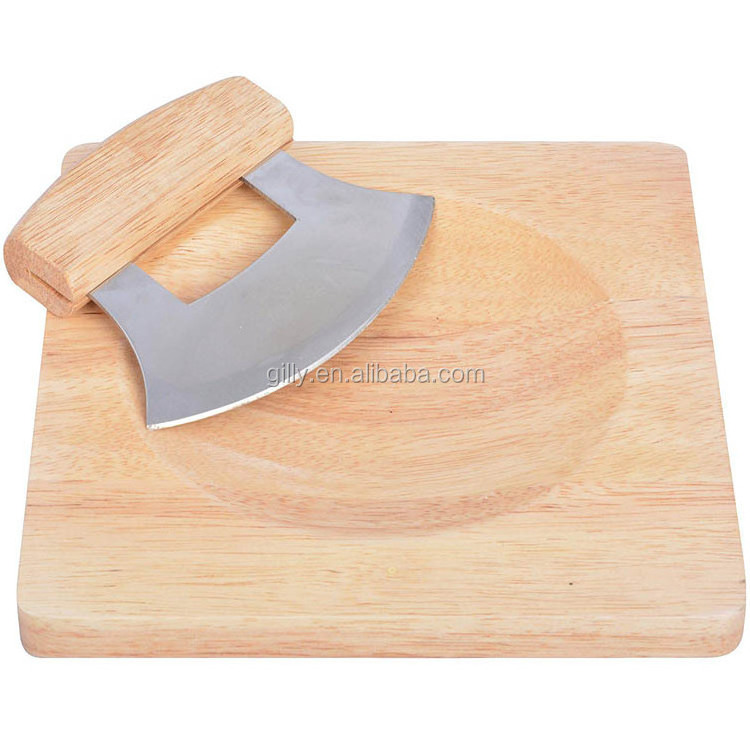 Premium Pizza Cutter Mezzaluna Rocking Vegetable Chopper with wooden block Stainless Steel Mincing Knife Pastry Scraper