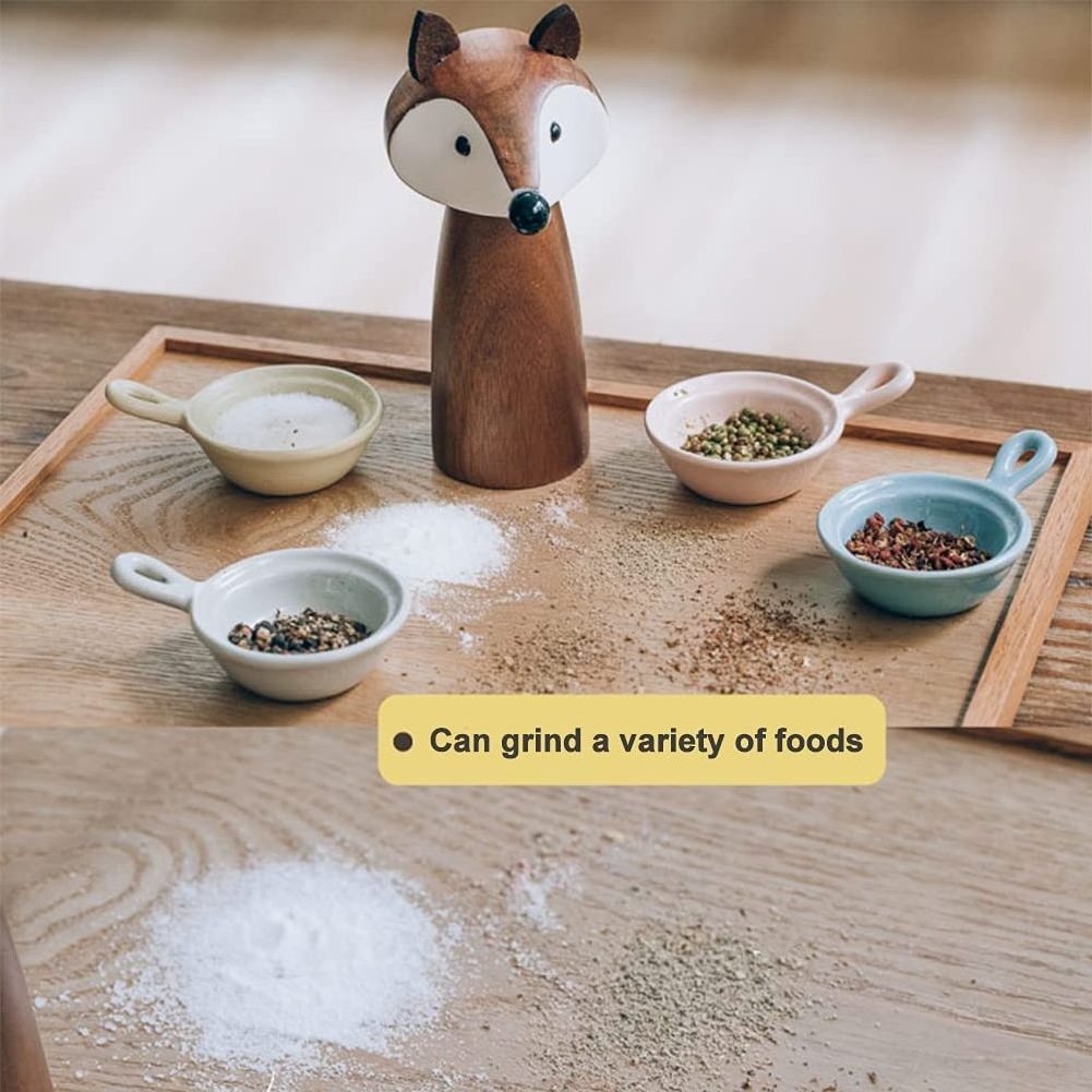 Cute Fox Salt and Pepper Grinder Acacia Wooden Pepper Mill with Adjustable Ceramic Coarseness Manual Salt and Spice Mills