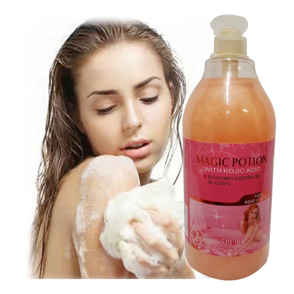 OEM Private Label Whitening Smooth Magic Potion Bleaching Shower Gel With Kojic Acid 100% Rose Action Total Liquid Soap