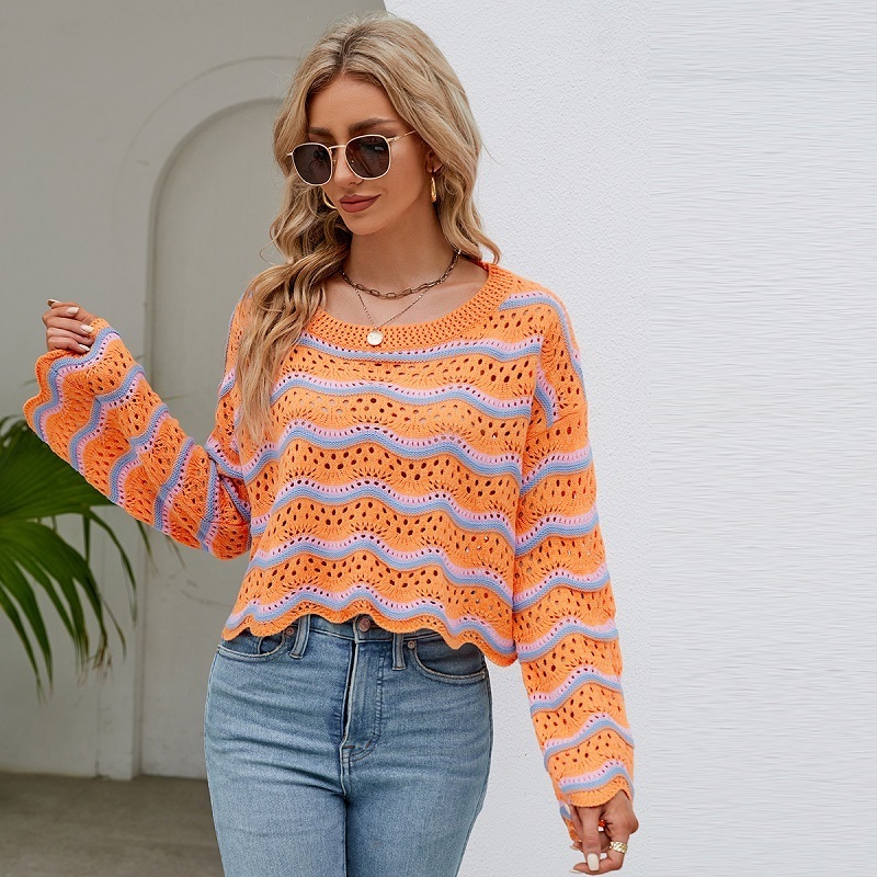 GIMILY Oem custom Pullover Knitted Crochet Sweater For women Rainbow Stripes Crop Tops Flared Sleeve Casual Cover up Streetwear