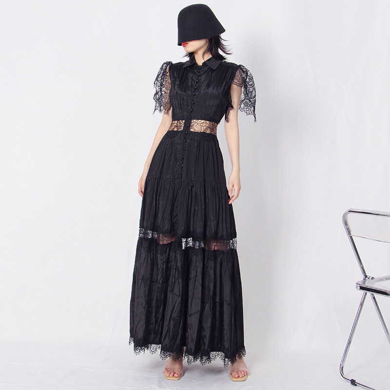 GIMILY oem custom Solid color Lace long dress lapel Waist hollow Single-breasted irregular dress for women with very popular