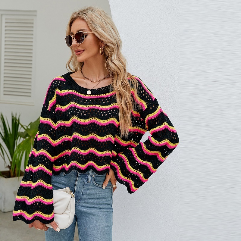 GIMILY Oem custom Pullover Knitted Crochet Sweater For women Rainbow Stripes Crop Tops Flared Sleeve Casual Cover up Streetwear