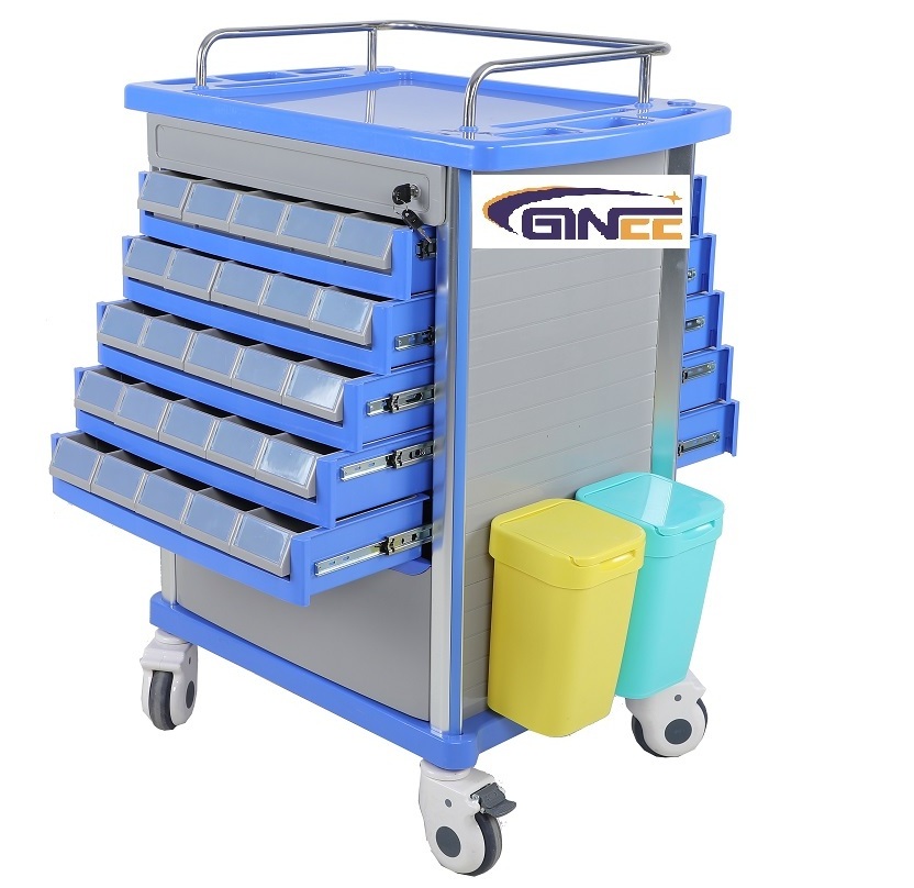 Ginee  Medical plastic high quality medicine nursing patients professionally 5 drawers drugs medication trolley cart