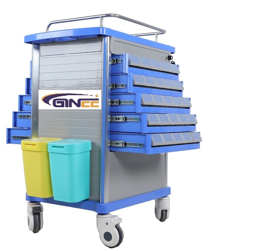 Ginee  Medical plastic high quality medicine nursing patients professionally 5 drawers drugs medication trolley cart