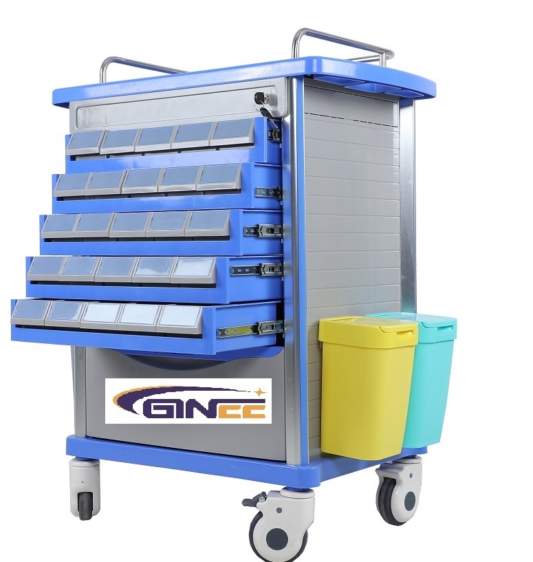 Ginee  Medical plastic high quality medicine nursing patients professionally 5 drawers drugs medication trolley cart