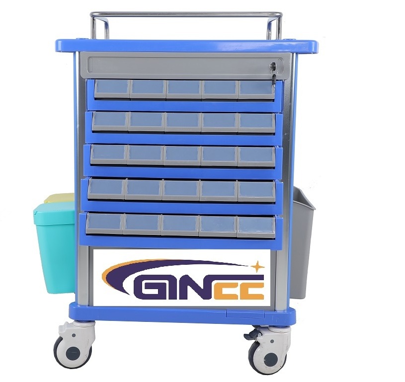 Ginee  Medical plastic high quality medicine nursing patients professionally 5 drawers drugs medication trolley cart