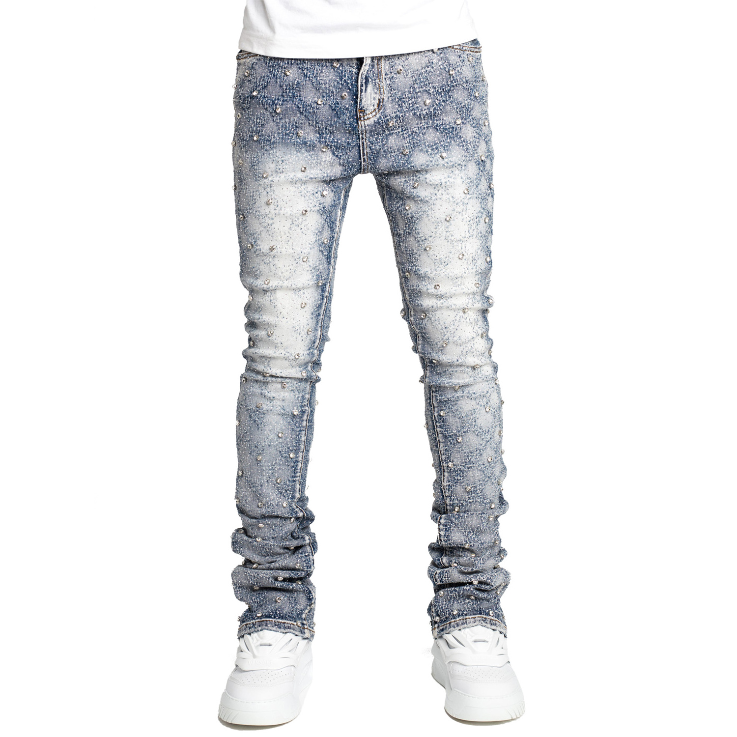 Gingtto Aqua Blue Embellished Denim Jeans With Rhinestones Straight Loose Stacked Jeans