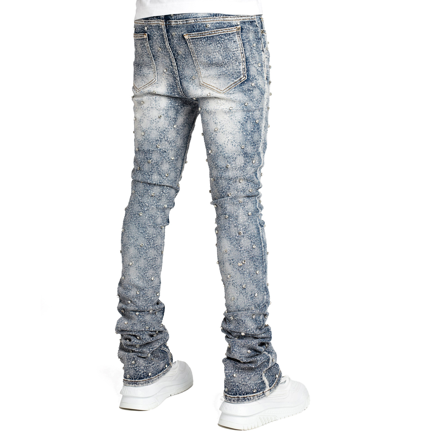 Gingtto Aqua Blue Embellished Denim Jeans With Rhinestones Straight Loose Stacked Jeans