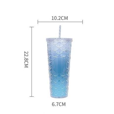 710 ML Double plastic cup with straw lid for drinking Mermaid print fish scales holographic ombre color Mug