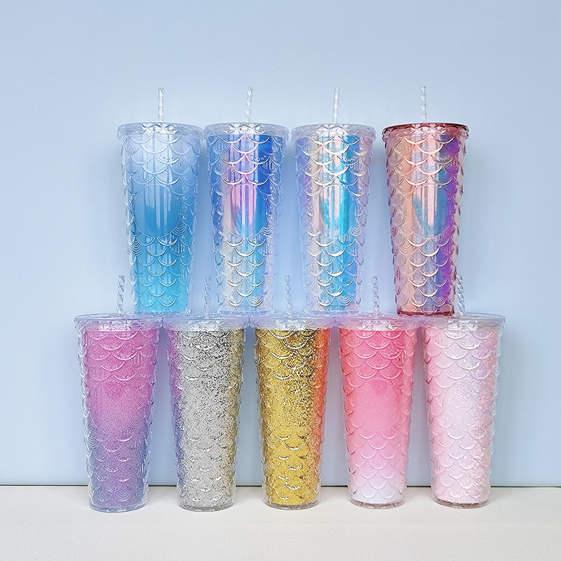 710 ML Double plastic cup with straw lid for drinking Mermaid print fish scales holographic ombre color Mug