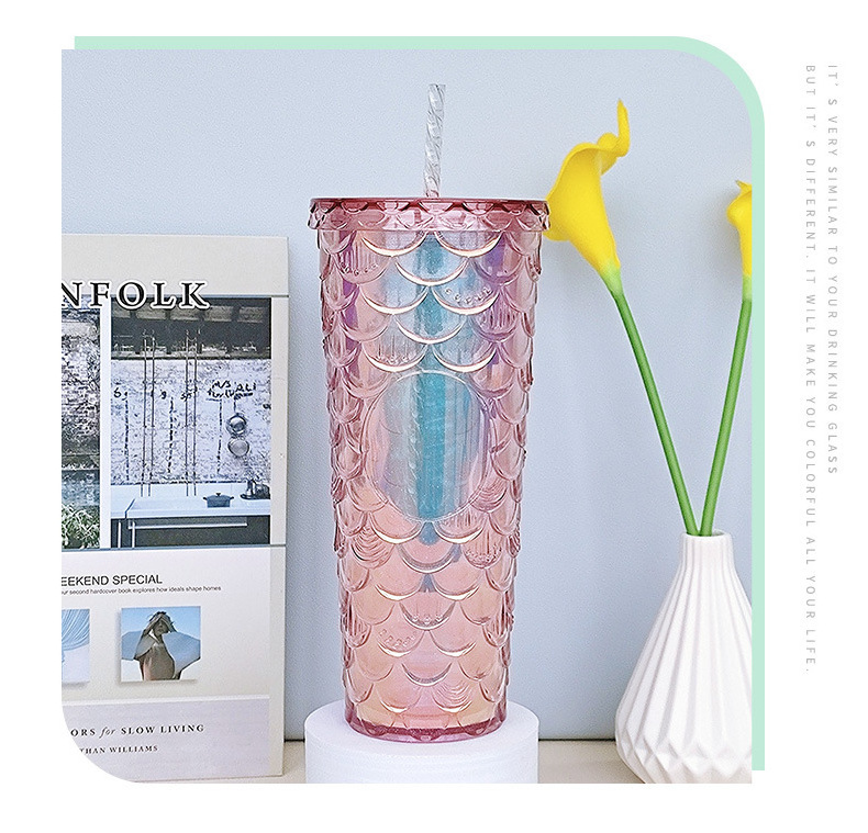 710 ML Double plastic cup with straw lid for drinking Mermaid print fish scales holographic ombre color Mug