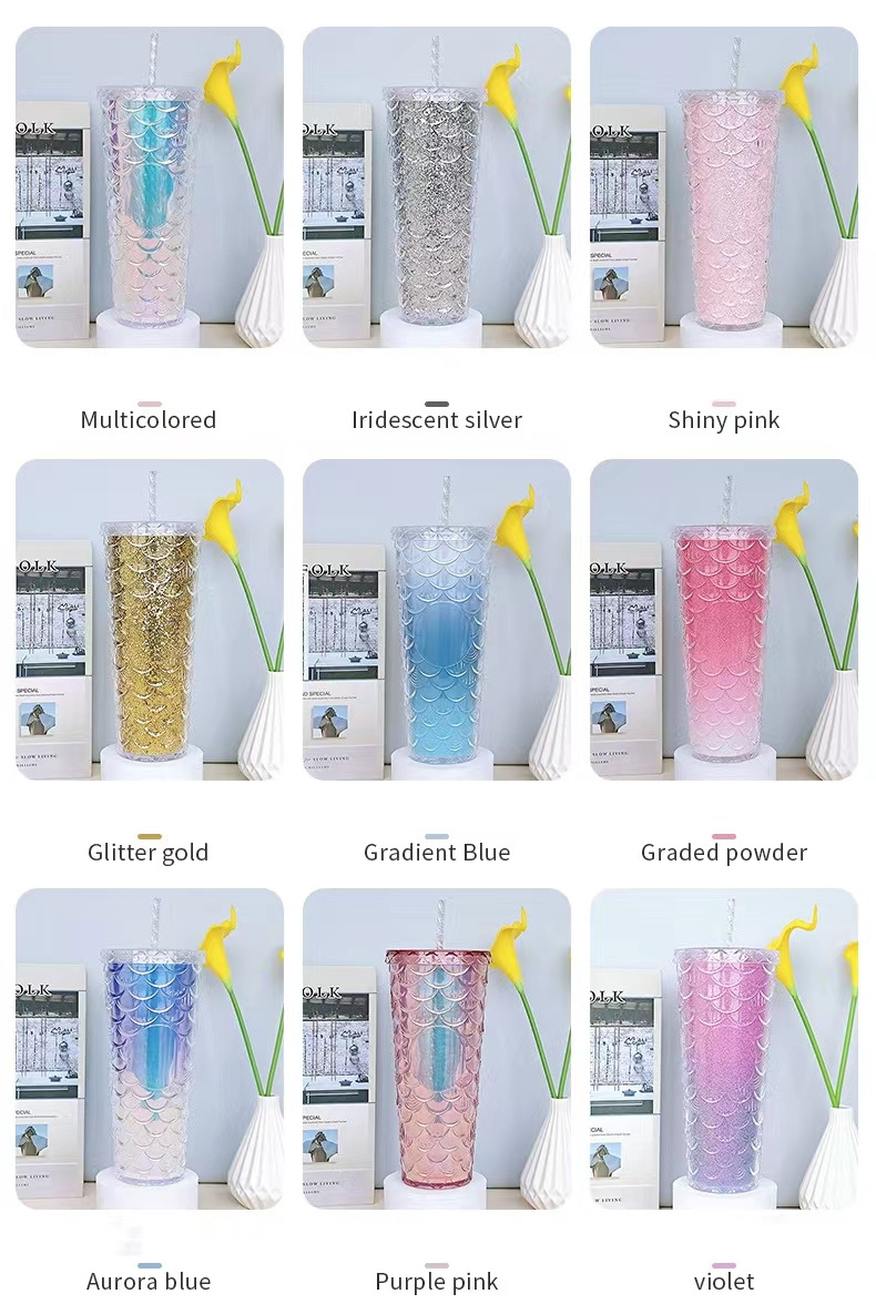 710 ML Double plastic cup with straw lid for drinking Mermaid print fish scales holographic ombre color Mug