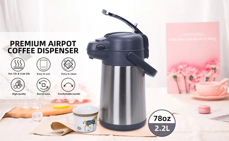 1.9L 2.2L Hot Cold Drink Coffee Stainless Steel Thermal Stainless Steel Air Pump Jug Pot Beverage Dispenser With Glass Liner