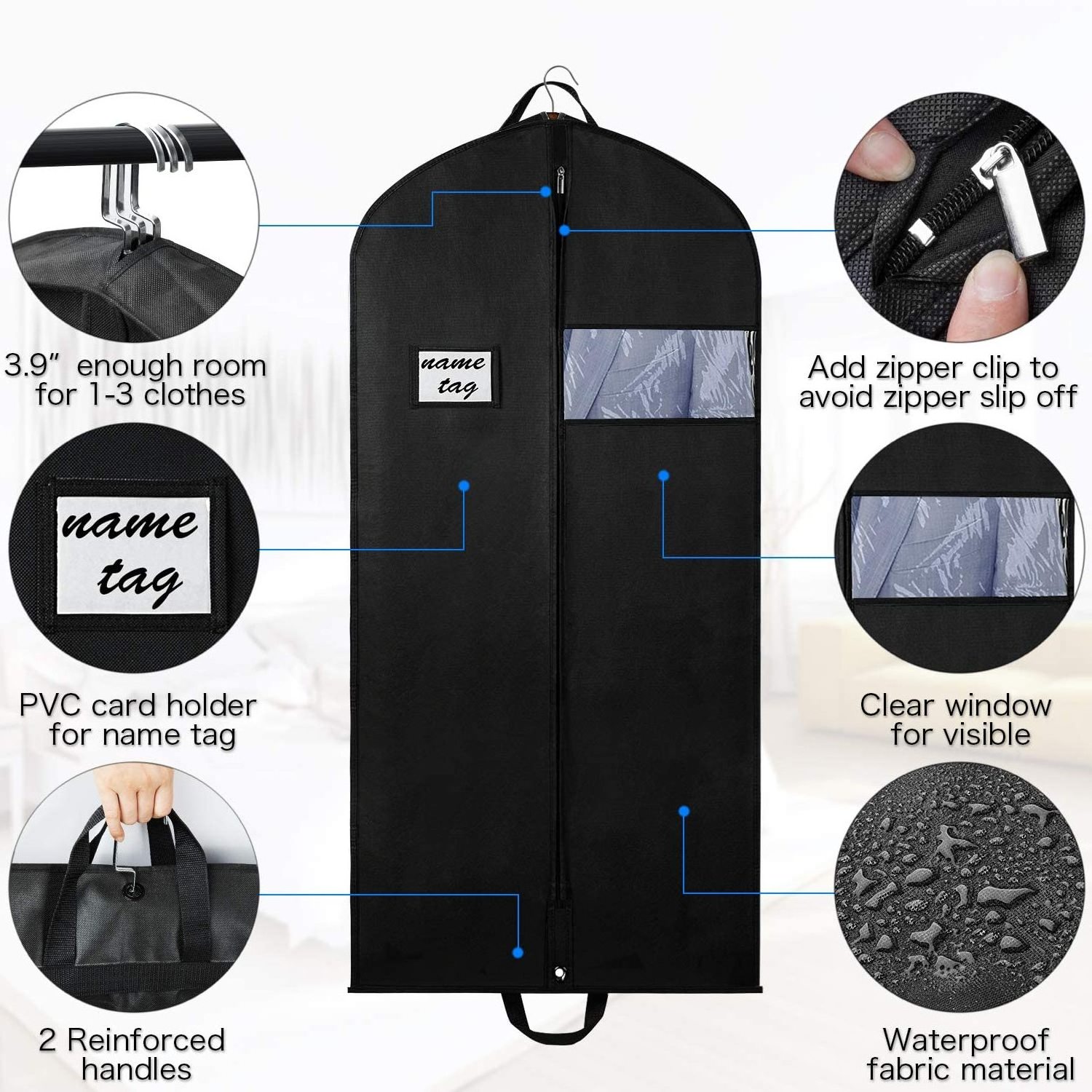 54 Inch Black Clothing Garment Packing Bags Travel Breathable Dresses Cover Bag with Gusseted Clear Window and Id Card