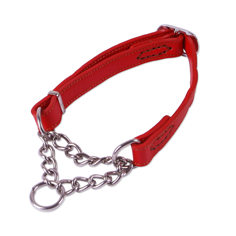 Colorful Genuine Leather Stainless Steel Custom Leather Pet Dog Collar with Stainless Steel Chain